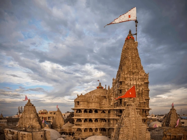 Dwarkadhish Temple flag and spire in Dwarka