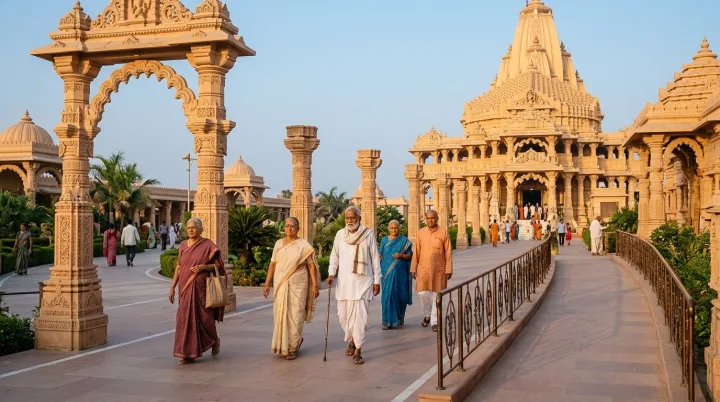 Senior citizens accessible darshan and peaceful pathways at Somnath Temple